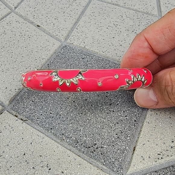 Silver Tone Magenta Pink Enamel Sunburst Bangle Bracelet Boho Statement - Picture 3 of 9